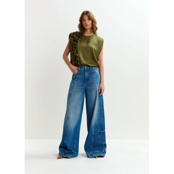Essentiel Antwerp Khaki sleeveless top with ruffle detail, view 6