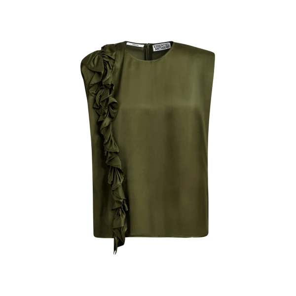 Essentiel Antwerp Khaki sleeveless top with ruffle detail
