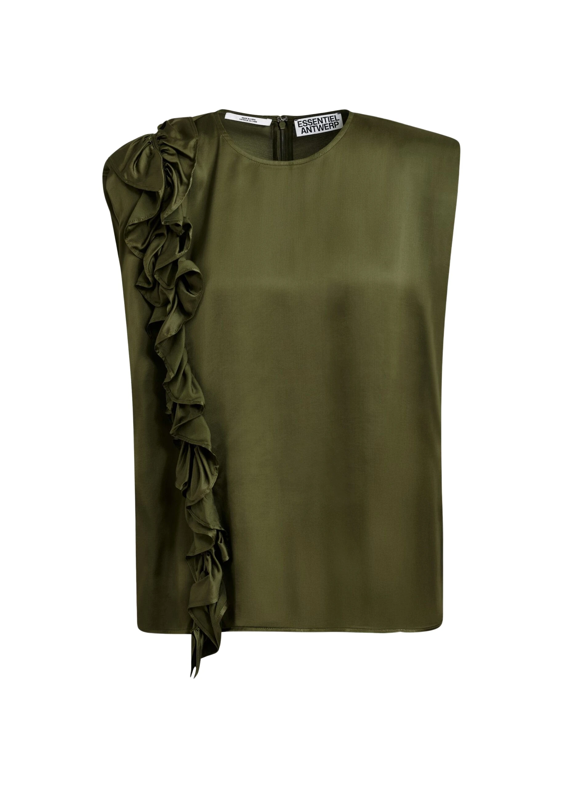 Essentiel-Antwerp-Khaki-sleeveless-top-with-ruffle-detail-scaled53601_nobg Essentiel Antwerp Khaki sleeveless top with ruffle detail