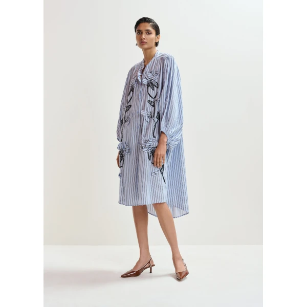 Essentiel Antwerp Light blue and black oversized cotton shirt dress with floral appliqué embroidery and bead embellishments, view 2