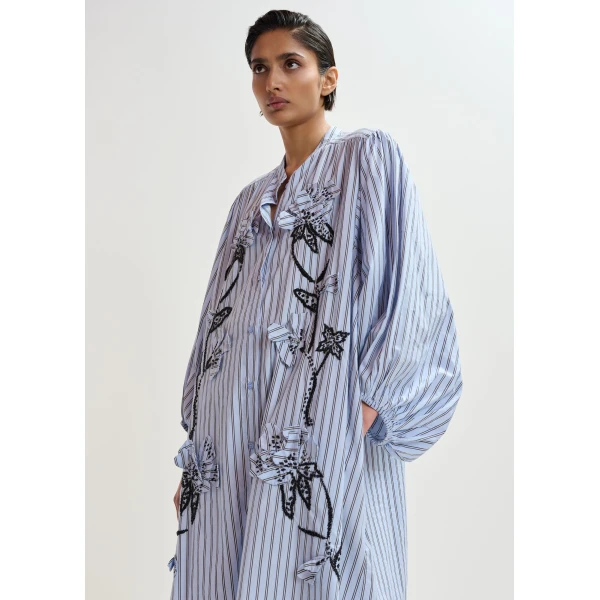 Essentiel Antwerp Light blue and black oversized cotton shirt dress with floral appliqué embroidery and bead embellishments, view 3