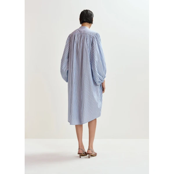 Essentiel Antwerp Light blue and black oversized cotton shirt dress with floral appliqué embroidery and bead embellishments, view 4