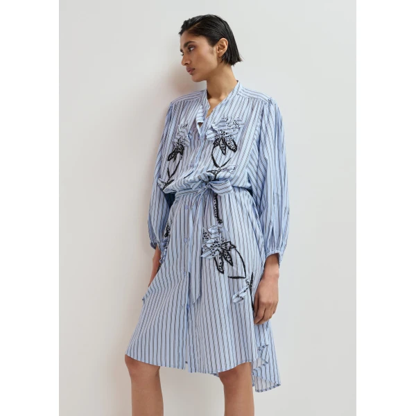 Essentiel Antwerp Light blue and black oversized cotton shirt dress with floral appliqué embroidery and bead embellishments, view 5