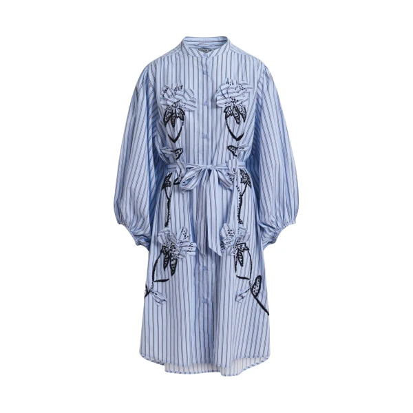 Essentiel Antwerp Light blue and black oversized cotton shirt dress with floral appliqué embroidery and bead embellishments