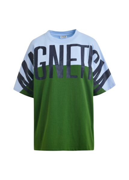 Light blue and green color-block oversized T-shirt with “Magnetism”-print