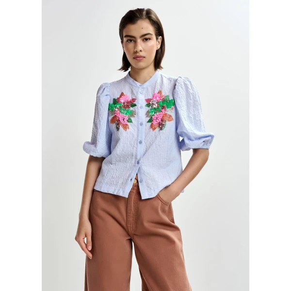 Essentiel Antwerp Light blue and multicolor floral sequin and bead-embellished shirt with voluminous sleeves, view 2