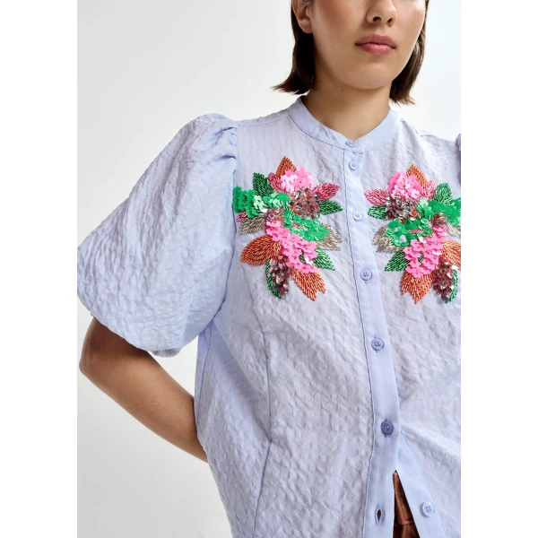 Essentiel Antwerp Light blue and multicolor floral sequin and bead-embellished shirt with voluminous sleeves, view 3