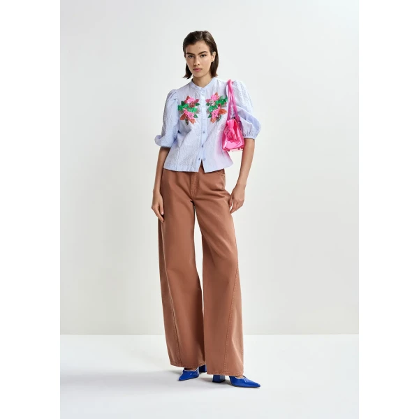Essentiel Antwerp Light blue and multicolor floral sequin and bead-embellished shirt with voluminous sleeves, view 5