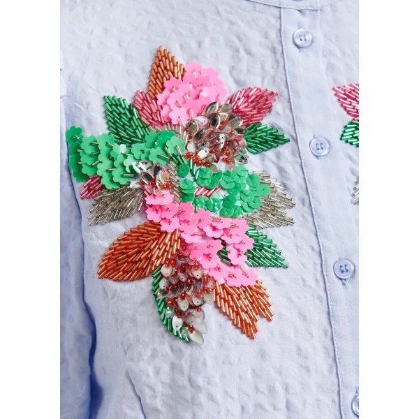 Essentiel Antwerp Light blue and multicolor floral sequin and bead-embellished shirt with voluminous sleeves, view 6