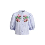 Essentiel Antwerp Light blue and multicolor floral sequin and bead-embellished shirt with voluminous sleeves