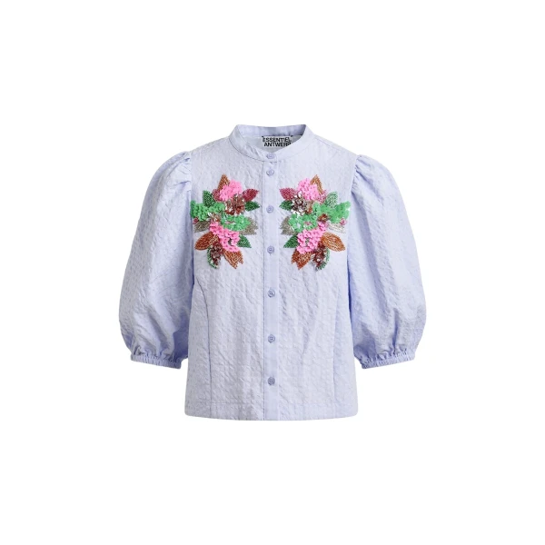 Essentiel Antwerp Light blue and multicolor floral sequin and bead-embellished shirt with voluminous sleeves