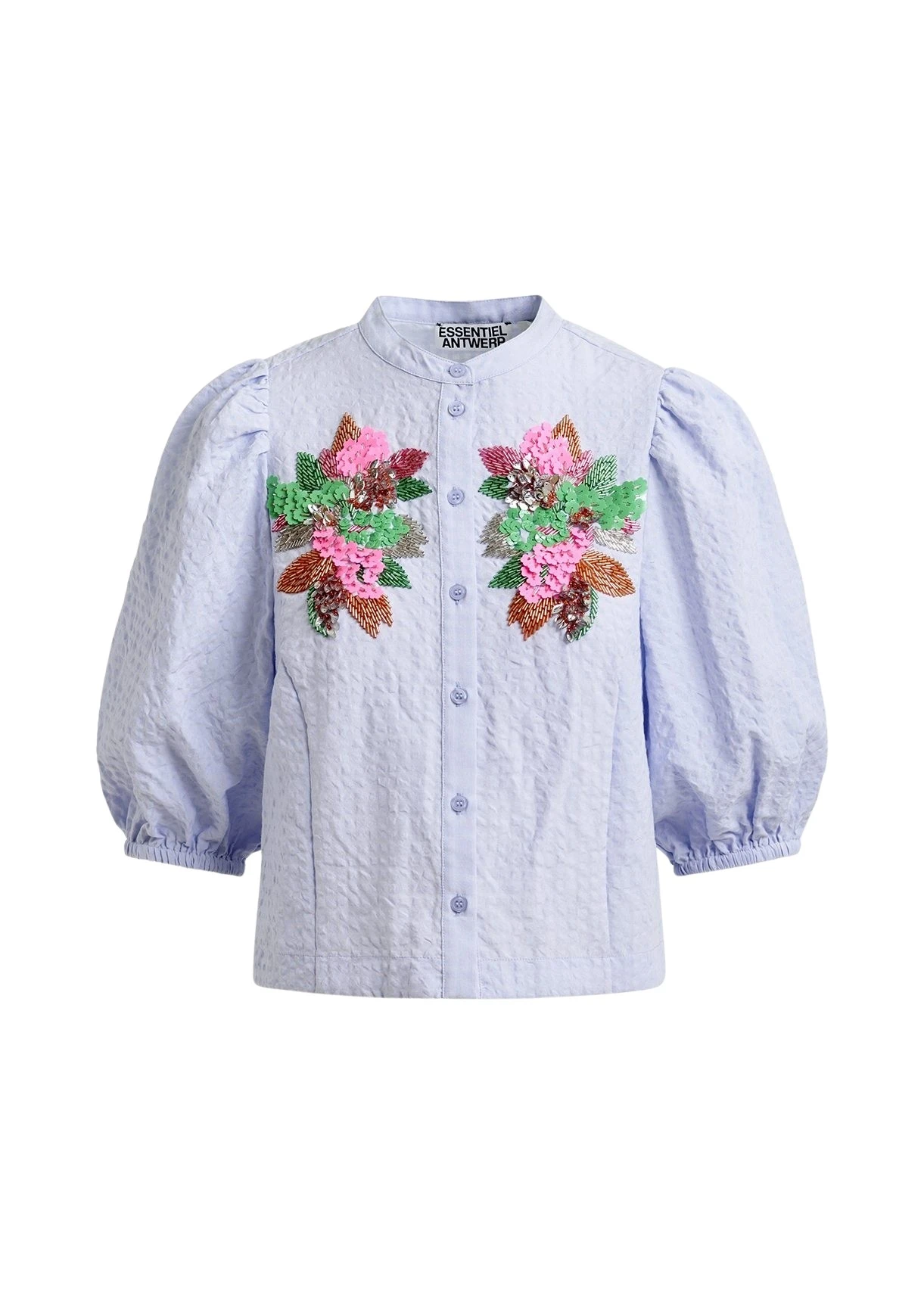 Essentiel-Antwerp-Light-blue-and-multicolor-floral-sequin-and-bead-embellished-shirt-with-voluminous-sleeves29197_nobg Essentiel Antwerp Light blue and multicolor floral sequin and bead-embellished shirt with voluminous sleeves