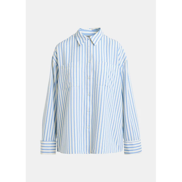 Essentiel Antwerp Light blue and off-white oversized shirt with rhinestone embellishments and layered bib, view 2
