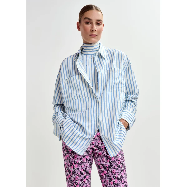 Essentiel Antwerp Light blue and off-white oversized shirt with rhinestone embellishments and layered bib, view 3