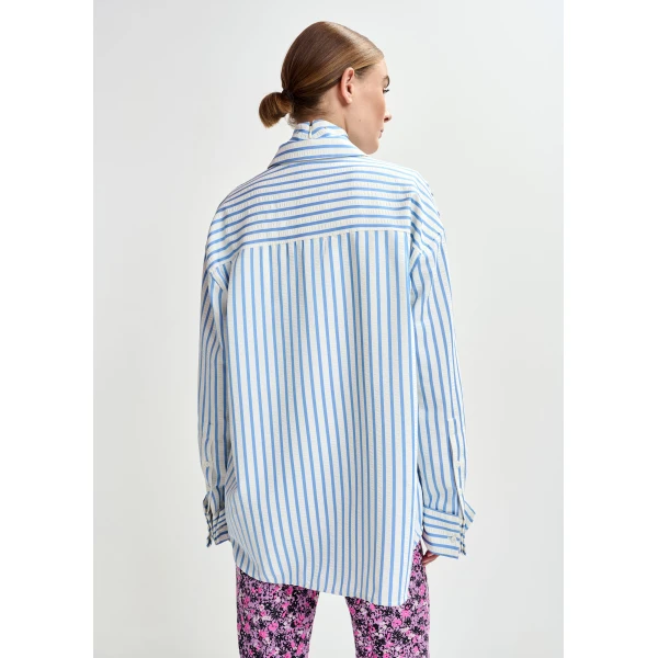 Essentiel Antwerp Light blue and off-white oversized shirt with rhinestone embellishments and layered bib, view 6