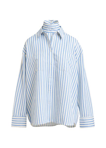 Light blue and off-white oversized shirt with rhinestone embellishments and layered bib