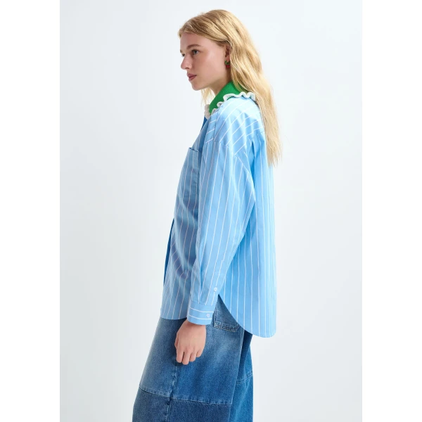 Essentiel Antwerp Light blue and off-white striped cotton shirt with green crochet ruffled collar, view 6