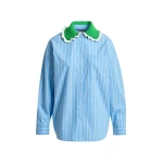 Essentiel Antwerp Light blue and off-white striped cotton shirt with green crochet ruffled collar