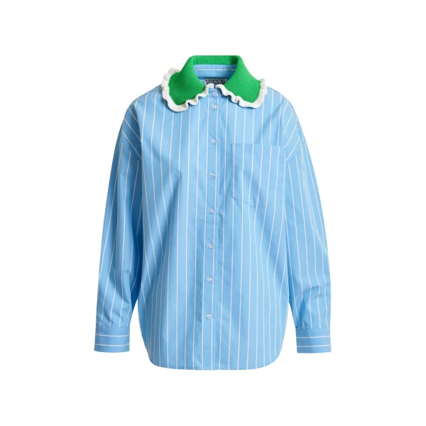 Essentiel Antwerp Light blue and off-white striped cotton shirt with green crochet ruffled collar