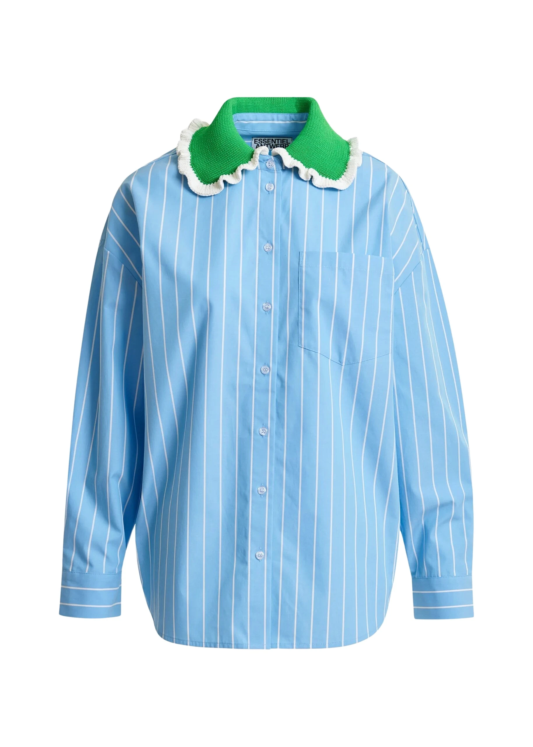 Essentiel-Antwerp-Light-blue-and-off-white-striped-cotton-shirt-with-green-crochet-ruffled-collar-scaled87677_nobg Essentiel Antwerp Light blue and off-white striped cotton shirt with green crochet ruffled collar