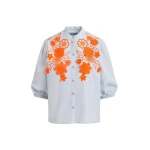 Essentiel Antwerp Light blue and orange cotton shirt with appliqué flowers with mandarin collar