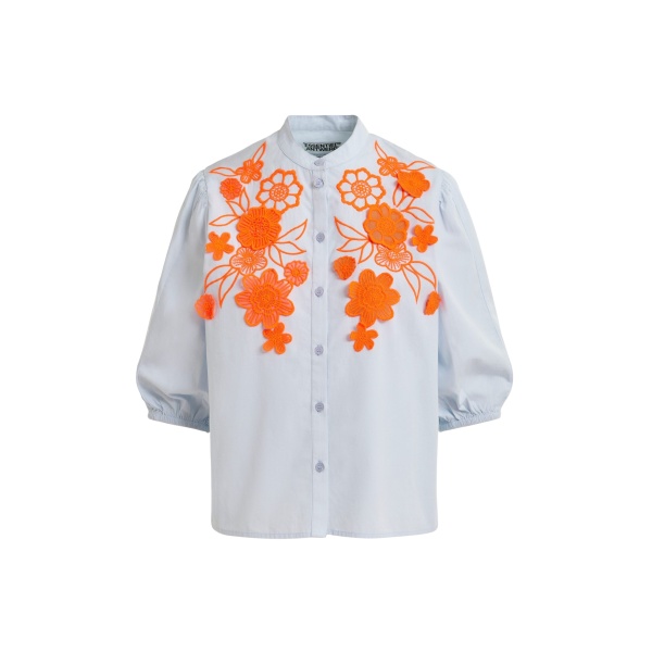 Light blue and orange cotton shirt with appliqué flowers with mandarin collar