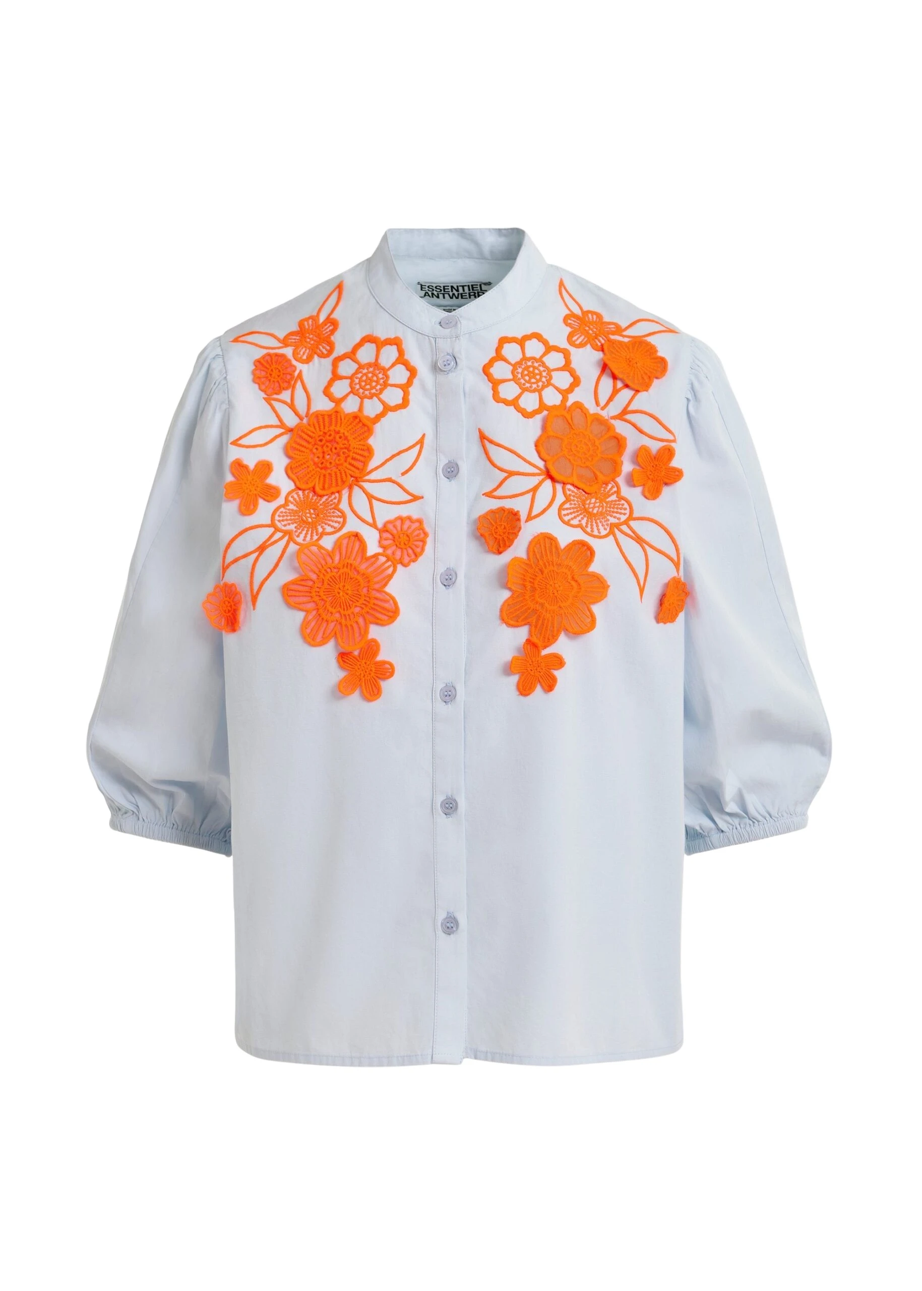 Essentiel-Antwerp-Light-blue-and-orange-cotton-shirt-with-applique-flowers-with-mandarin-collar-scaled77813_nobg Essentiel Antwerp Light blue and orange cotton shirt with appliqué flowers with mandarin collar