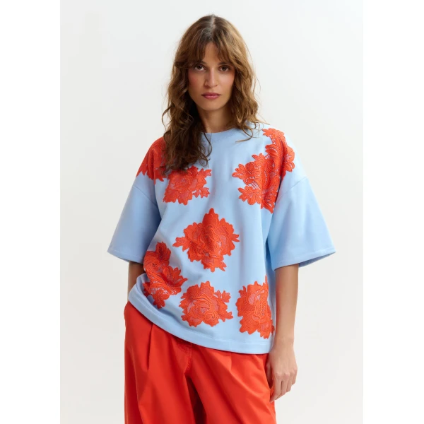 Essentiel Antwerp Light blue and orange floral lace-embellished sweatshirt Top, view 3