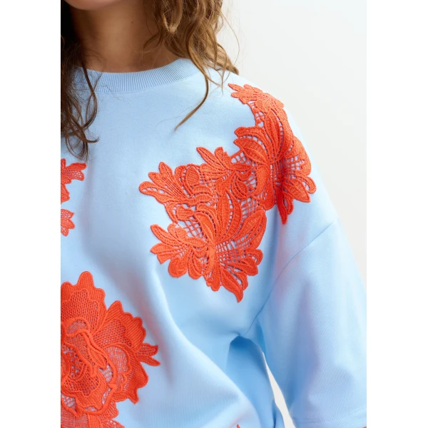Essentiel Antwerp Light blue and orange floral lace-embellished sweatshirt Top, view 4