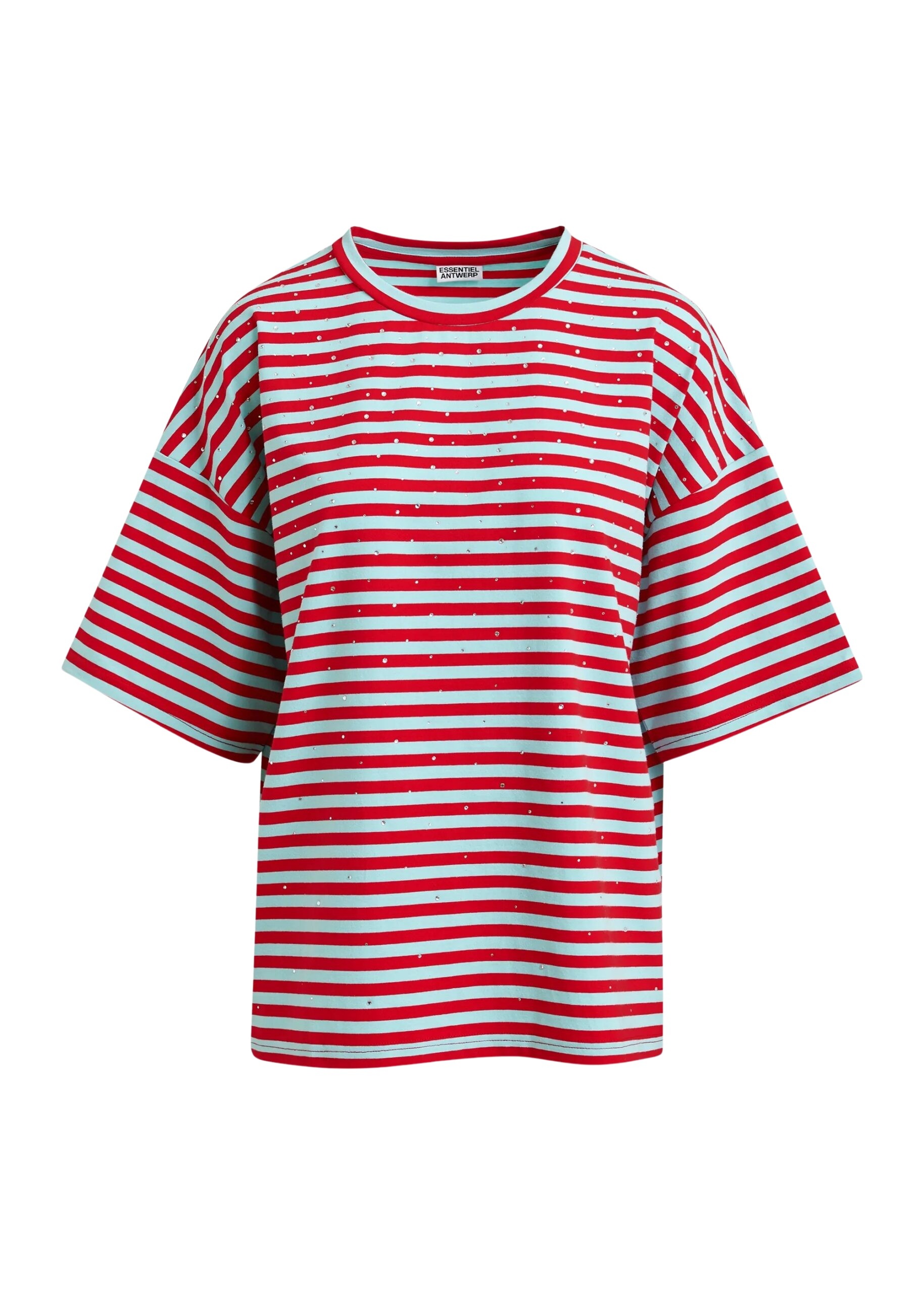 Light blue and red striped rhinestone-embellished oversized cotton T-shirt