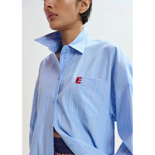 Essentiel Antwerp Light blue and white oversized cotton shirt with transformable tie detail, view 6