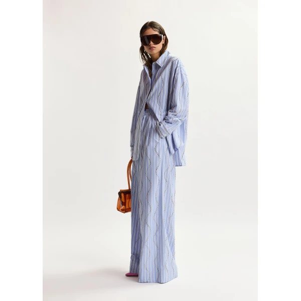 Essentiel Antwerp Light blue and white rhinestone-embellished striped wide-leg pants, view 2