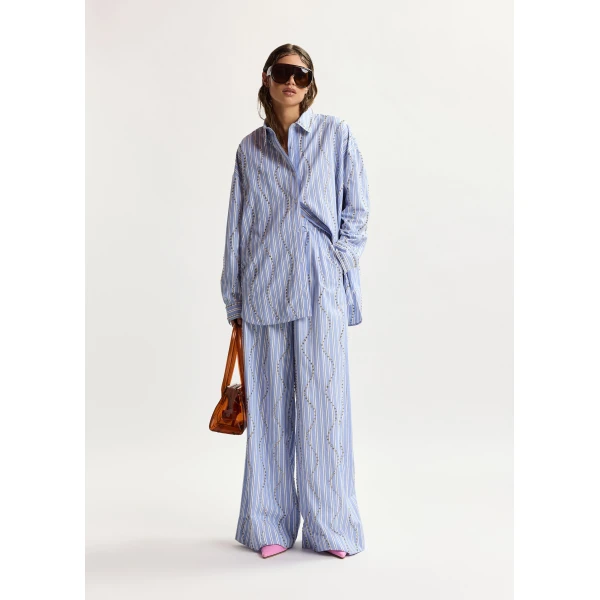 Essentiel Antwerp Light blue and white rhinestone-embellished striped wide-leg pants, view 3