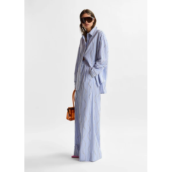 Essentiel Antwerp Light blue and white rhinestone-embellished striped wide-leg pants, view 6