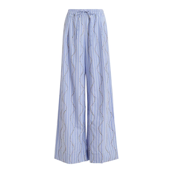 Essentiel Antwerp Light blue and white rhinestone-embellished striped wide-leg pants