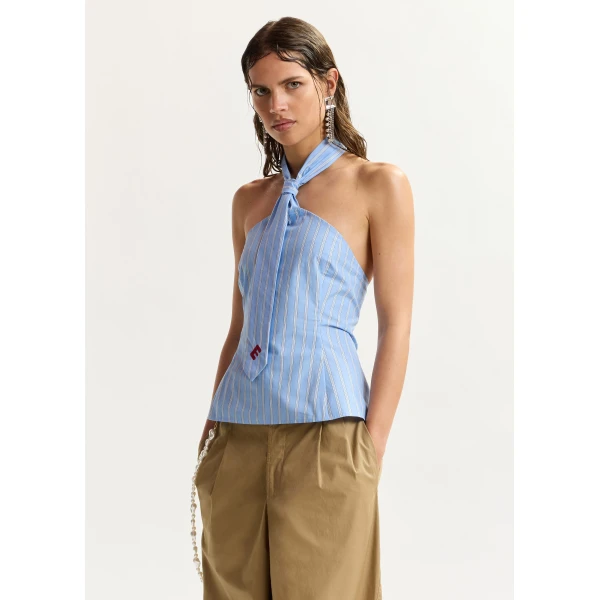 Essentiel Antwerp Light blue and white striped halterneck cotton top with tie detail, view 2