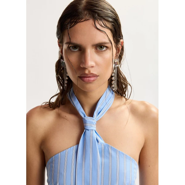 Essentiel Antwerp Light blue and white striped halterneck cotton top with tie detail, view 3