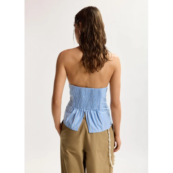 Essentiel Antwerp Light blue and white striped halterneck cotton top with tie detail, view 4
