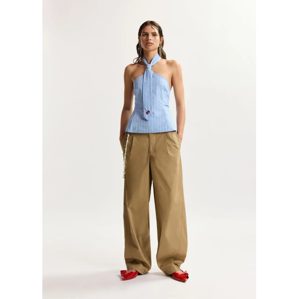 Essentiel Antwerp Light blue and white striped halterneck cotton top with tie detail, view 5