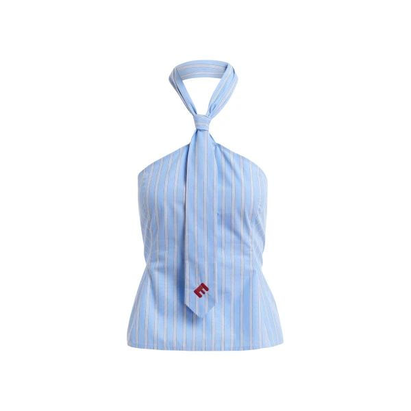 Essentiel Antwerp Light blue and white striped halterneck cotton top with tie detail