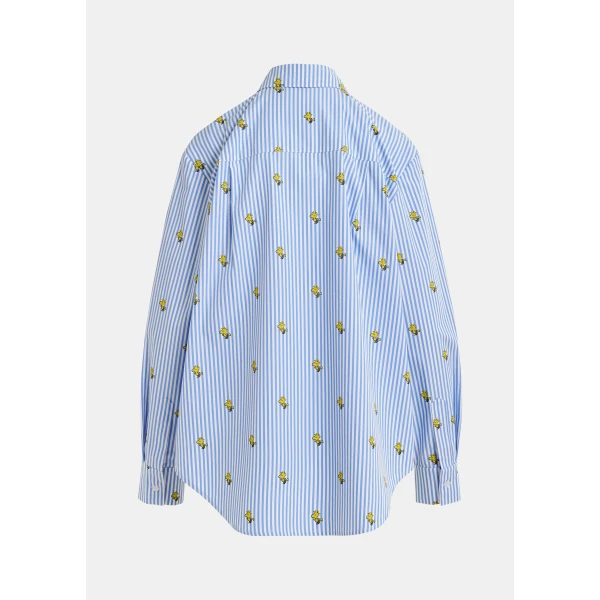 Essentiel Antwerp Light blue and white striped oversized cotton shirt with yellow Peanuts™ print, view 2