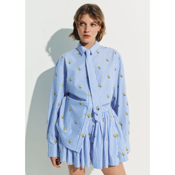 Essentiel Antwerp Light blue and white striped oversized cotton shirt with yellow Peanuts™ print, view 3