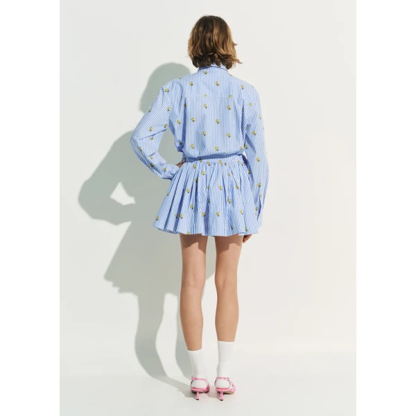 Essentiel Antwerp Light blue and white striped oversized cotton shirt with yellow Peanuts™ print, view 5