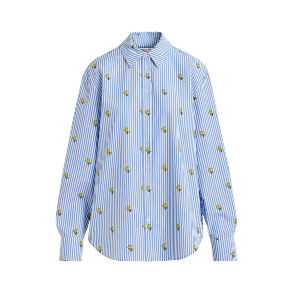 Essentiel Antwerp Light blue and white striped oversized cotton shirt with yellow Peanuts™ print