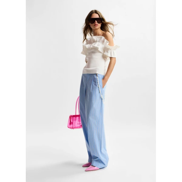 Essentiel Antwerp Light blue and white tapered-leg cotton pants with detachable pearl belt, view 6