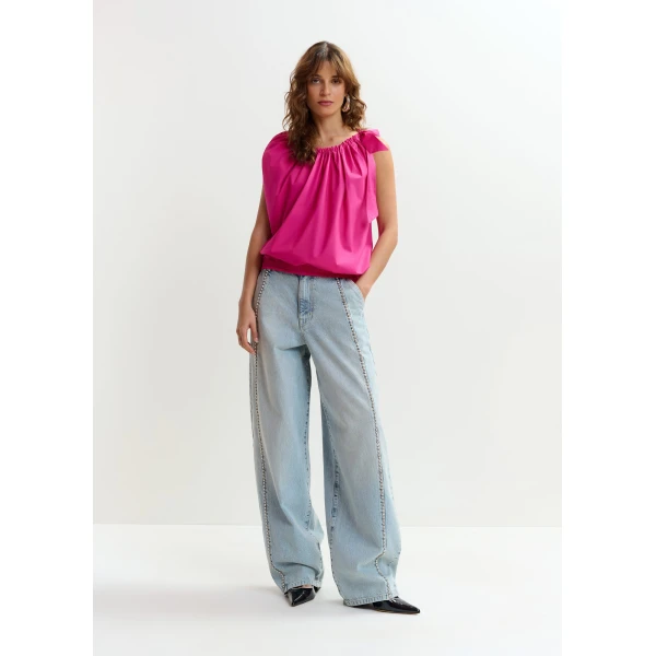 Essentiel Antwerp Light blue balloon-leg jeans with silver rhinestone side trim, view 3