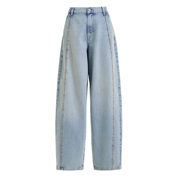 Light blue balloon-leg jeans with silver rhinestone side trim