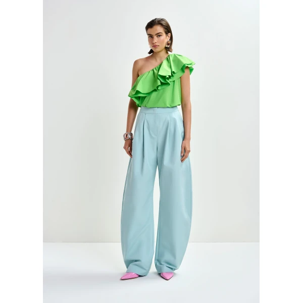 Essentiel Antwerp Light blue barrel-leg pants with pleated waist, view 3