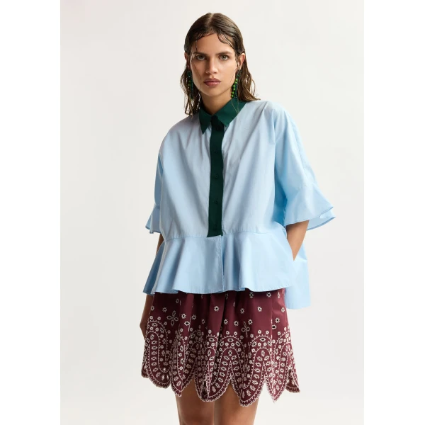 Essentiel Antwerp Light blue cotton peplum shirt with dark green contrast detailing, view 3