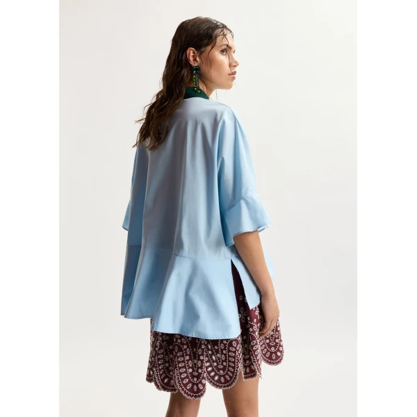 Essentiel Antwerp Light blue cotton peplum shirt with dark green contrast detailing, view 4